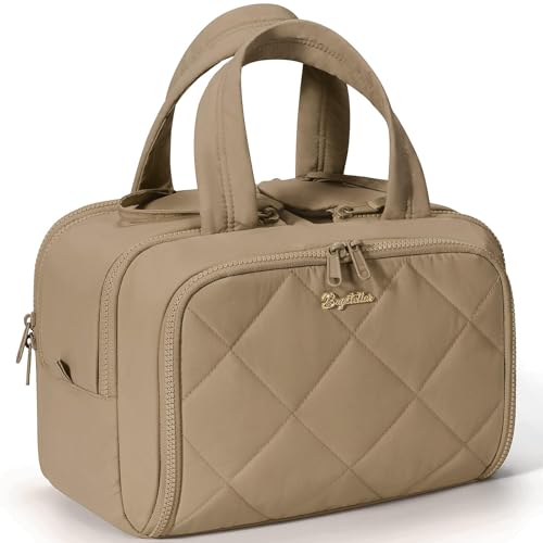 Bagstellar Travel Toiletry Bag Large Wideopen Puffy Toiletry Bag for Women Lightweight Quilted Makeup Bag Cosmetic Organizer with Handle Waterresistant Travel Essentials for Toiletries Accessories Khaki - Image 1
