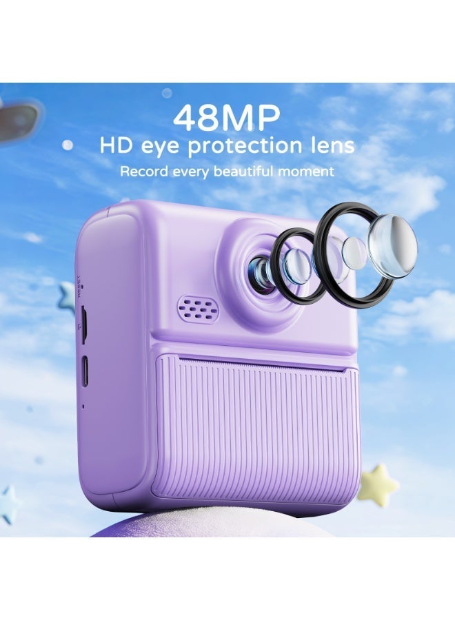 Inskam IF15 Purple Kids Instant Print Camera 48MP Digital Camera with 2 Inch Screen 16X Digital Zoom 1080P Video MP3 Music Games Thermal Printing and 1300mAh Battery