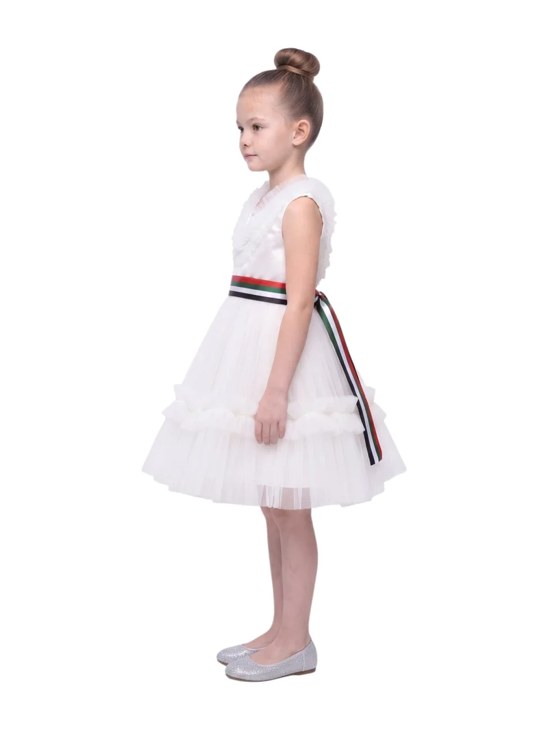 بيداني Girls 2-in-1 White V-Neck Ruffle Tulle Party Dress with Removable UAE Flag Belt