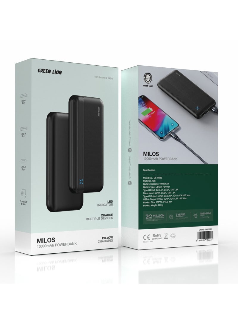 GREEN LION 10000 mAh Milos Power Bank / PD20W Fast Charging Powerbank 10000mAh / LED Indicator / Charge Multiple Devices / Micro/USB-A/USB-C Port / Compact & Slim Design / Lithium Polymer Battery Type - Black - Image 3