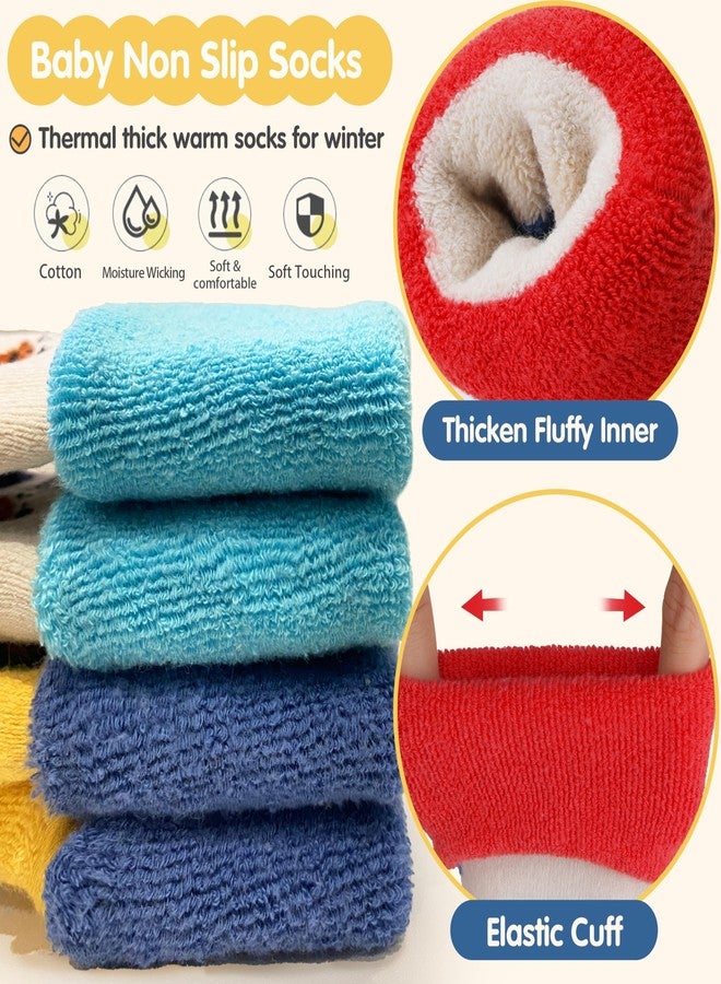 Sandsuced Toddlers Kids Grips Socks Warm Thermal Winter Thick Baby Boys Infants Anti Slip Non Skid Ankle Crew Funny Cartoon Gift Cotton Socks with Grippers 9 Pairs Stocking Stuffers(Puppy & Car,3-5 T) - Image 2