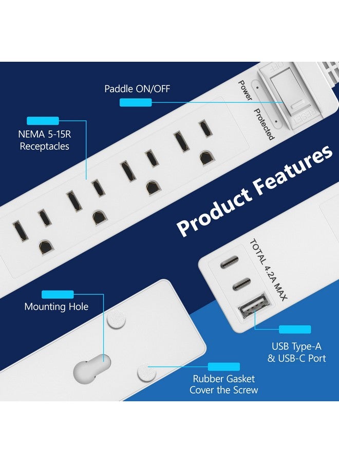 LIDER Surge Protected Outlet Extender, 4-Outlet Power Strip, 21W USB Type-A, and 2 USB Type-C Port, Ultra-Thin Wall Plate Plug with Cord Extender, Flat-Face, 5ft Cord, 1500 Joules, ETL-Listed, White - Image 2