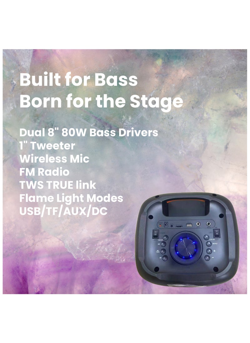 STAR TRACK Star Track HALO WAVE G1 – 80W TWS Bluetooth Speaker System | Dual 8" Bass Drivers, 1" Tweeter, Wireless Mic, FM Radio, Flame Light Modes, USB/TF/AUX/DC  - Image 3