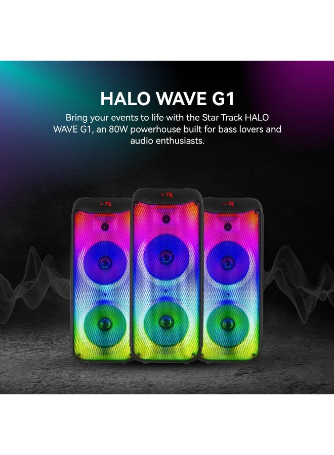 Star Track HALO WAVE G1 – 80W TWS Bluetooth Speaker System | Dual 8" Bass Drivers, 1" Tweeter, Wireless Mic, FM Radio, Flame Light Modes, USB/TF/AUX/DC - Image 5
