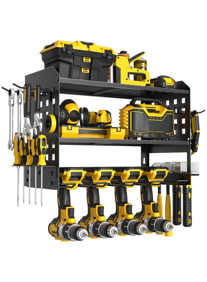 سبيس كير منظم أدوات كهربائية من سبيس كير، حامل مثقاب مثبت على الحائط مع لوحين جانبيين بخطافات، منظم أدوات عائم لاسلكي ثلاثي الطبقات، رف أدوات متعدد الاستخدامات لـ 4 حاملات مثقاب، أسود - Image 1