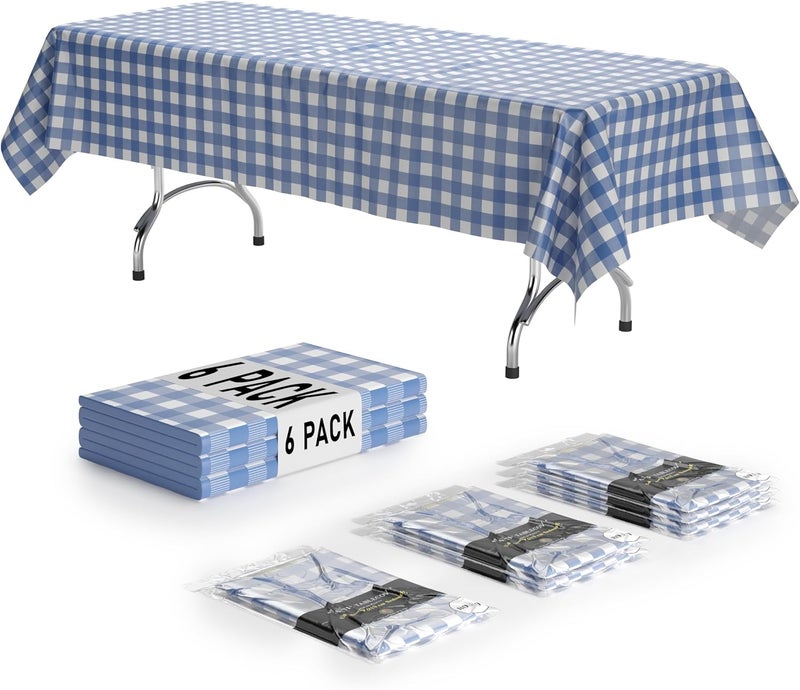 Exquisite Picnic Table Cover - 6 Pack Premium Rectangle Plastic Tablecloth - Blue & White Checkered BBQ Plastic Table Cover - Gingham Checkerboard Disposable Plastic Tablecloth 54" x 108" Rectangle - Image 1