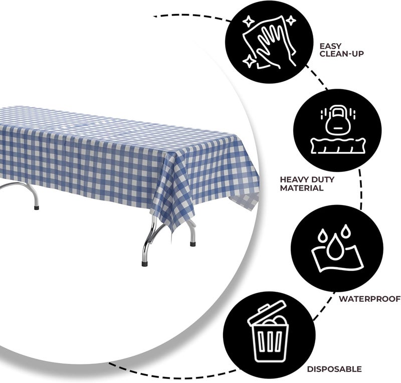 Exquisite Picnic Table Cover - 6 Pack Premium Rectangle Plastic Tablecloth - Blue & White Checkered BBQ Plastic Table Cover - Gingham Checkerboard Disposable Plastic Tablecloth 54" x 108" Rectangle - Image 4