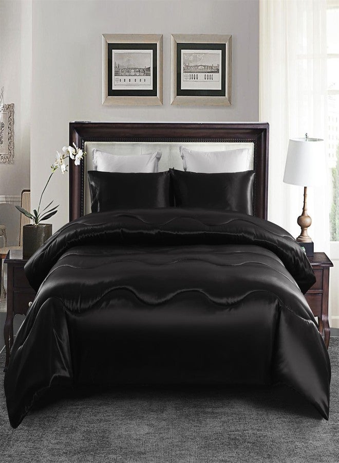 YASMENG Black Satin Silky Comforter Set Queen Size Summer Cooling Glossy Quilt Set Smooth Touch Luxury Hotel Silk Like Satin Duvet Down Alternative Comforter with 2 Pillowcases for All Seasons - Image 3