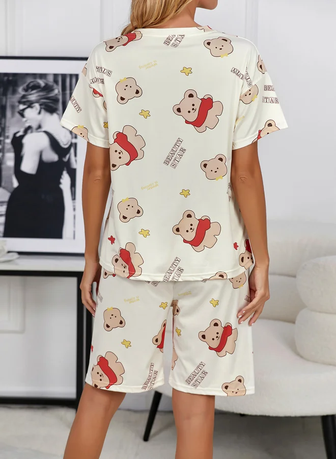 تايك تو مجموعة من شورت وتيشيرت بياقة دائرية وطبعة دب