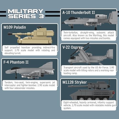 Apostrophe Games 5 Military Building Block Sets - (901 Pieces) A-10 Thunderbolt II, F-4 Phantom II, M109 Paladin, M1128 Stryker, & V-22 Osprey - Image 2