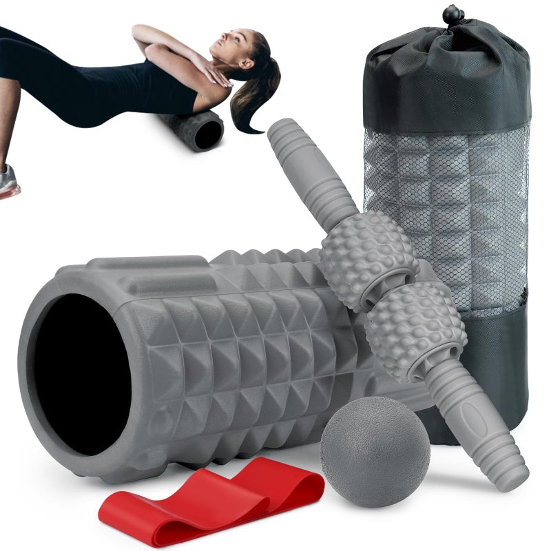 Krightlink Krightlink 5in1 Foam Roller Set Massage Roller Stick Massage Ball Resistance Band for Deep Muscle Massage Trigger Point Release Pilates Yoga Grey 