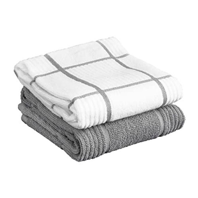 T-fal Solid & Checked Parquet Kitchen Towels: Highly Absorbent, Super Soft Long Lasting - 100% Cotton, 16"x26" Dish Towels for Cleaning & Drying Dishes, Pans, Glassware, or Countertops, (2-Pack), Gray