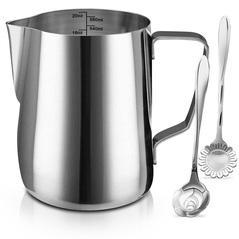 SIKEMAY Milk Frothing Pitcher Cup 20oz600ML Milk Frother Cup Stainless Steel Steaming Pitcher Milk Jug Coffee Latte Art Cappuccino Espresso Machine Accessories Barista Steam Pitchers Attached Dessert Spoons 