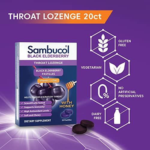 Sambucol Black Elderberry Throat Lozenge - With Honey, Vitamin C & Zinc, Elderberry Lozenges Sore Throat & Cough, Soothes Scratchy Throat, Supports Immunity, Soft & Chewy - 3-Pack (60 Total Pastilles) - Image 3