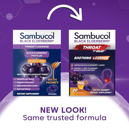 Sambucol Black Elderberry Throat Lozenge - With Honey, Vitamin C & Zinc, Elderberry Lozenges Sore Throat & Cough, Soothes Scratchy Throat, Supports Immunity, Soft & Chewy - 3-Pack (60 Total Pastilles) - Image 2