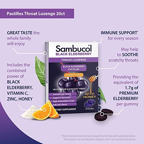 Sambucol Black Elderberry Throat Lozenge - With Honey, Vitamin C & Zinc, Elderberry Lozenges Sore Throat & Cough, Soothes Scratchy Throat, Supports Immunity, Soft & Chewy - 3-Pack (60 Total Pastilles) - Image 4