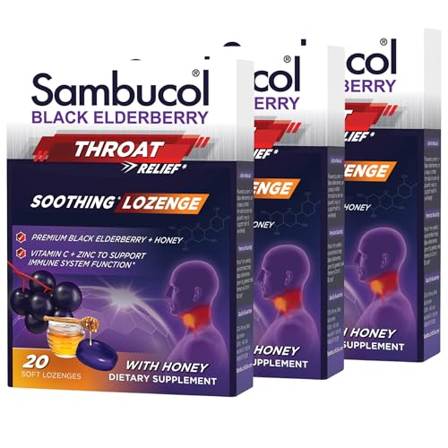 Sambucol Black Elderberry Throat Lozenge - With Honey, Vitamin C & Zinc, Elderberry Lozenges Sore Throat & Cough, Soothes Scratchy Throat, Supports Immunity, Soft & Chewy - 3-Pack (60 Total Pastilles) - Image 1