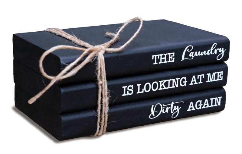 LIVDUCOT Black Laundry Room Decorï¼ŒMini Laundry Wooden Book Stack Signï¼ŒCute Laundry Tiered Tray Decor for Shelf Counter - Image 1