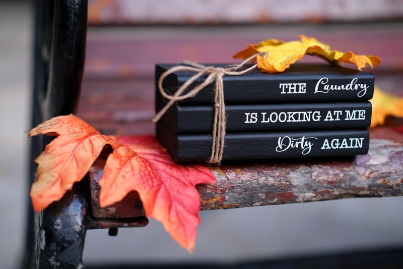 LIVDUCOT Black Laundry Room Decorï¼ŒMini Laundry Wooden Book Stack Signï¼ŒCute Laundry Tiered Tray Decor for Shelf Counter - Image 3