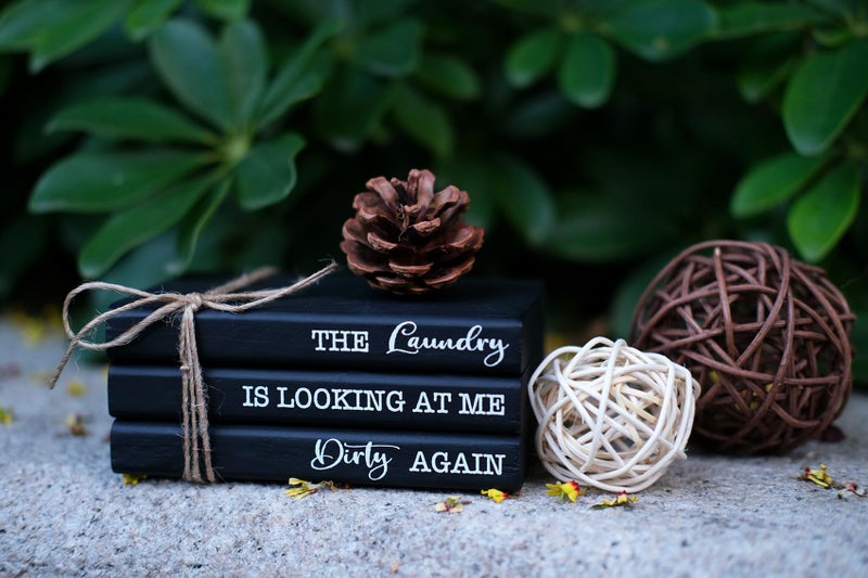 LIVDUCOT Black Laundry Room Decorï¼ŒMini Laundry Wooden Book Stack Signï¼ŒCute Laundry Tiered Tray Decor for Shelf Counter - Image 4