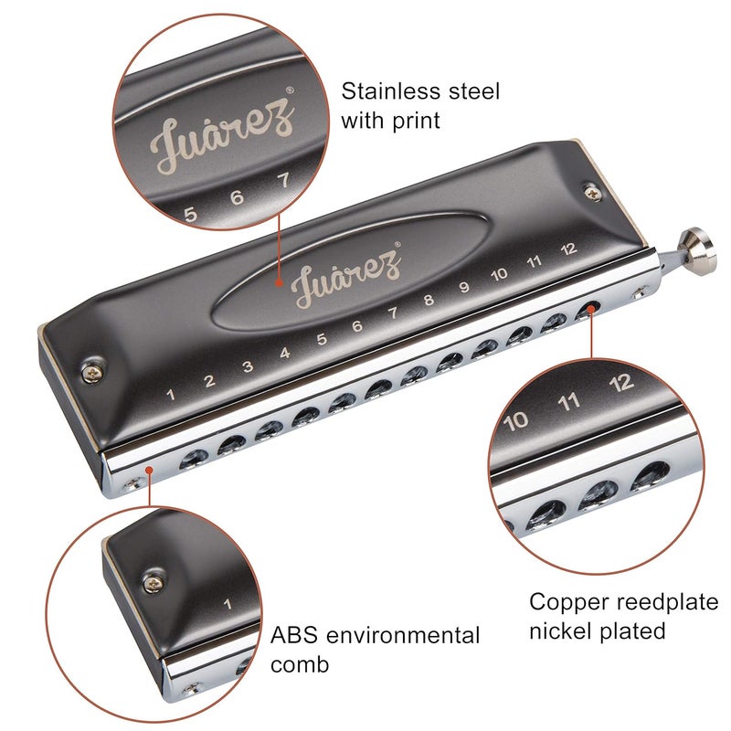 Juarez هارمونيكا كروماتيكية احترافية بلاك بيرد JRH1248NV بمفتاح دو | 12 ثقب 48 نغمة | آلة موسيقية | غطاء - فولاذ مقاوم للصدأ | جسم - ABS | لسان - برونز فوسفوري مع قماش وحقيبة - Image 2