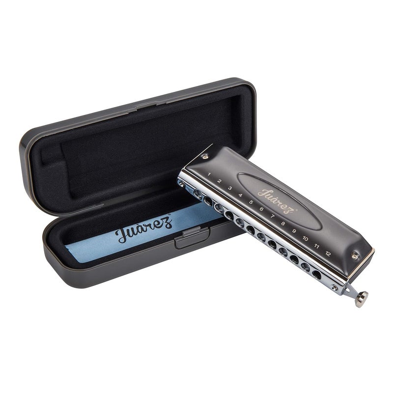 Juarez هارمونيكا كروماتيكية احترافية بلاك بيرد JRH1248NV بمفتاح دو | 12 ثقب 48 نغمة | آلة موسيقية | غطاء - فولاذ مقاوم للصدأ | جسم - ABS | لسان - برونز فوسفوري مع قماش وحقيبة - Image 1