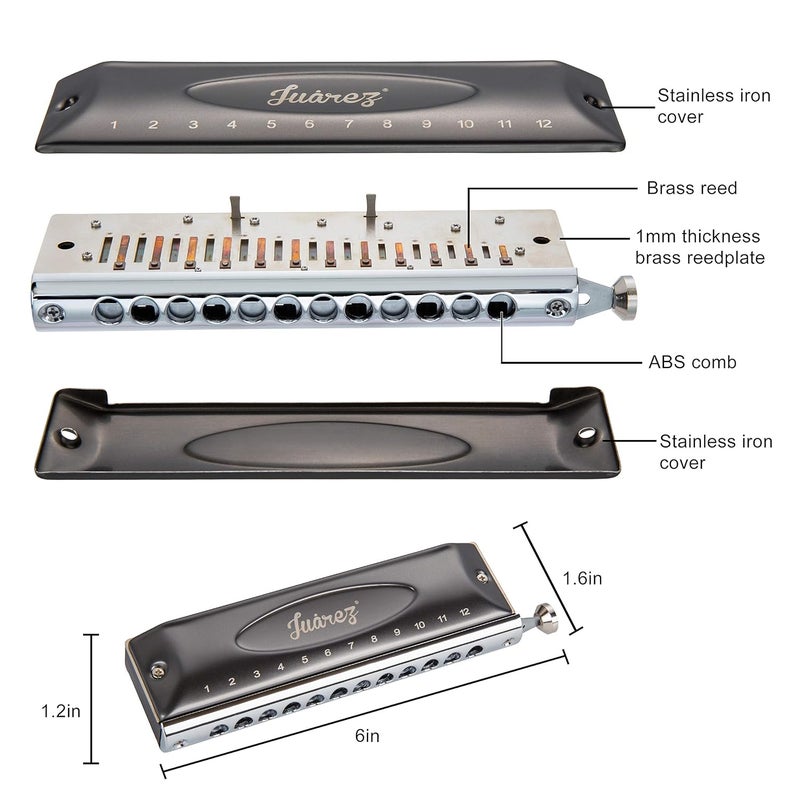 Juarez هارمونيكا كروماتيكية احترافية بلاك بيرد JRH1248NV بمفتاح دو | 12 ثقب 48 نغمة | آلة موسيقية | غطاء - فولاذ مقاوم للصدأ | جسم - ABS | لسان - برونز فوسفوري مع قماش وحقيبة - Image 3