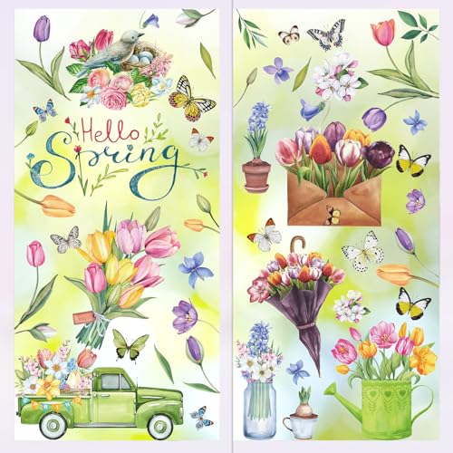 Pedel Spring Summer Window Clings Hello Spring Stickers, 97 Pcs Tulip Flower Butterfly Birds Double-Sided Window Decals for Home School Office Glass Windows Door Decoration - Image 1