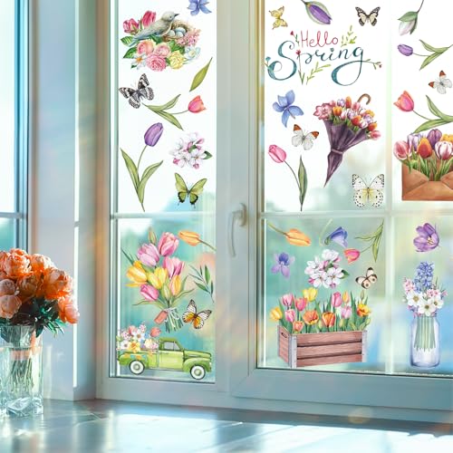 Pedel Spring Summer Window Clings Hello Spring Stickers, 97 Pcs Tulip Flower Butterfly Birds Double-Sided Window Decals for Home School Office Glass Windows Door Decoration - Image 4