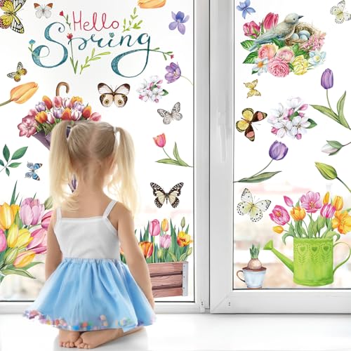 Pedel Spring Summer Window Clings Hello Spring Stickers, 97 Pcs Tulip Flower Butterfly Birds Double-Sided Window Decals for Home School Office Glass Windows Door Decoration - Image 3
