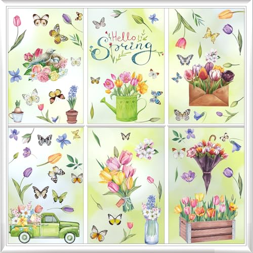 Pedel Spring Summer Window Clings Hello Spring Stickers, 97 Pcs Tulip Flower Butterfly Birds Double-Sided Window Decals for Home School Office Glass Windows Door Decoration - Image 2