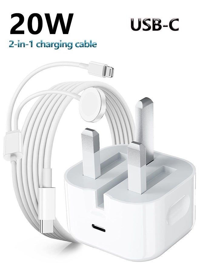 Generic - 2-In-1 20W Type C PD Fast  Charger | Apple Watch Charger | USB C Wall Fast Charger with USB C to Lightning Cable&Apple Watch Charging Cable, Compatible with iPhone 14/14 Pro/14 Pro Max/13/12 & Apple Watch Series10/9/8/7/6/ SE5/4/3/2/1 - Image 1