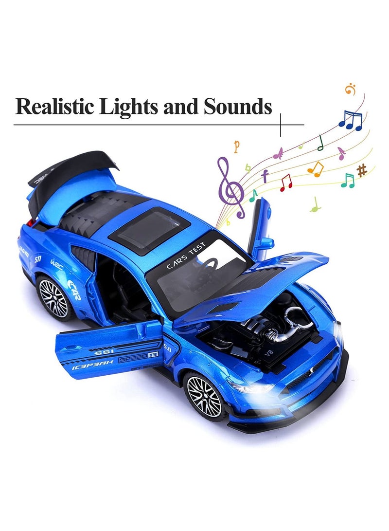 GT-500 Mustang Diecast Alloy Toy Car with Sound & Light Pull Back Vehicle Toy Four Open Door Phantom Car for Kids Adults Blue