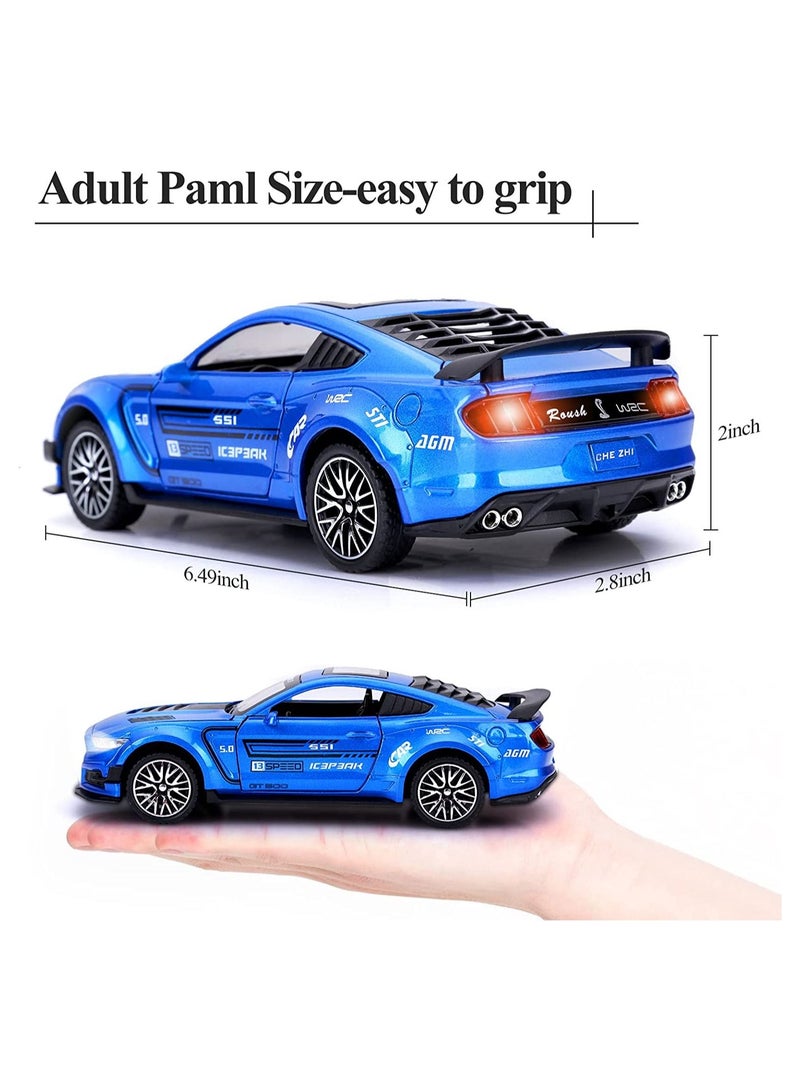 GT-500 Mustang Diecast Alloy Toy Car with Sound & Light Pull Back Vehicle Toy Four Open Door Phantom Car for Kids Adults Blue
