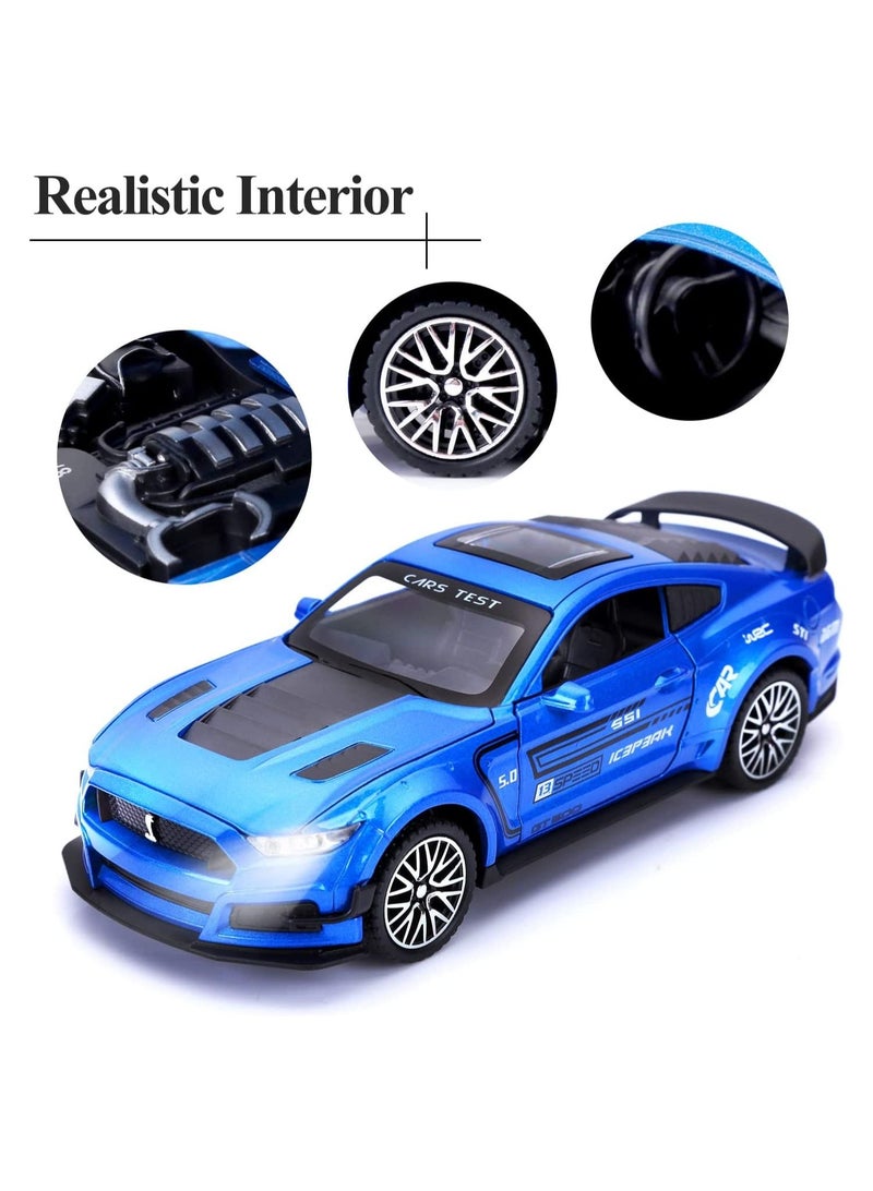 GT-500 Mustang Diecast Alloy Toy Car with Sound & Light Pull Back Vehicle Toy Four Open Door Phantom Car for Kids Adults Blue