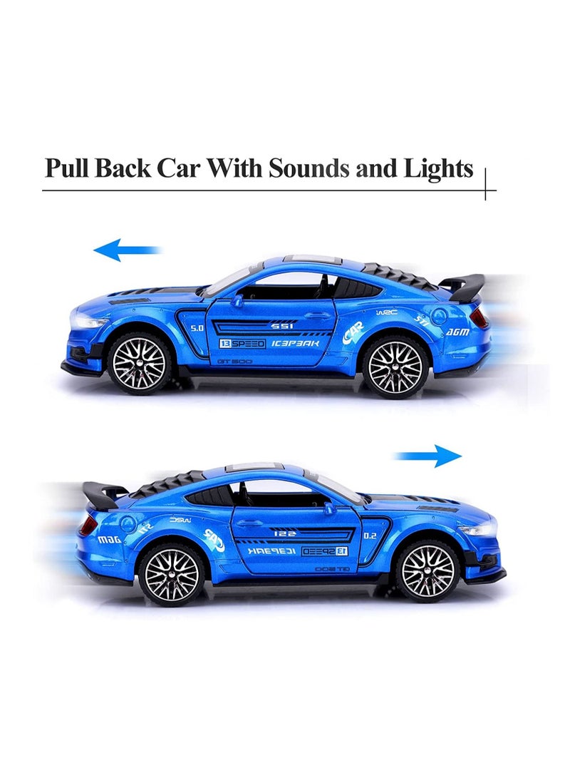 GT-500 Mustang Diecast Alloy Toy Car with Sound & Light Pull Back Vehicle Toy Four Open Door Phantom Car for Kids Adults Blue