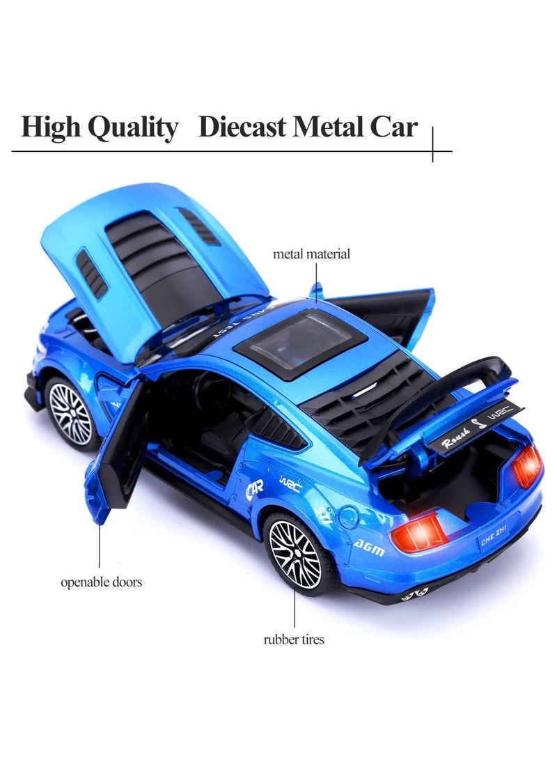 GT-500 Mustang Diecast Alloy Toy Car with Sound & Light Pull Back Vehicle Toy Four Open Door Phantom Car for Kids Adults Blue