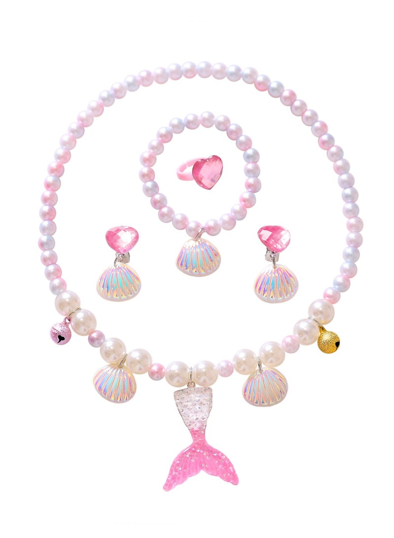 NOVOLAN 5Pcs Jewelry Sets Kids Necklace Mermaid Tail Necklace Earrings Bracelet Girls Pearl Necklace Pendant Necklace Ring Set Girls Baby Accessories Mermaid Pearl Theme 3 Colors (pink) - Image 1