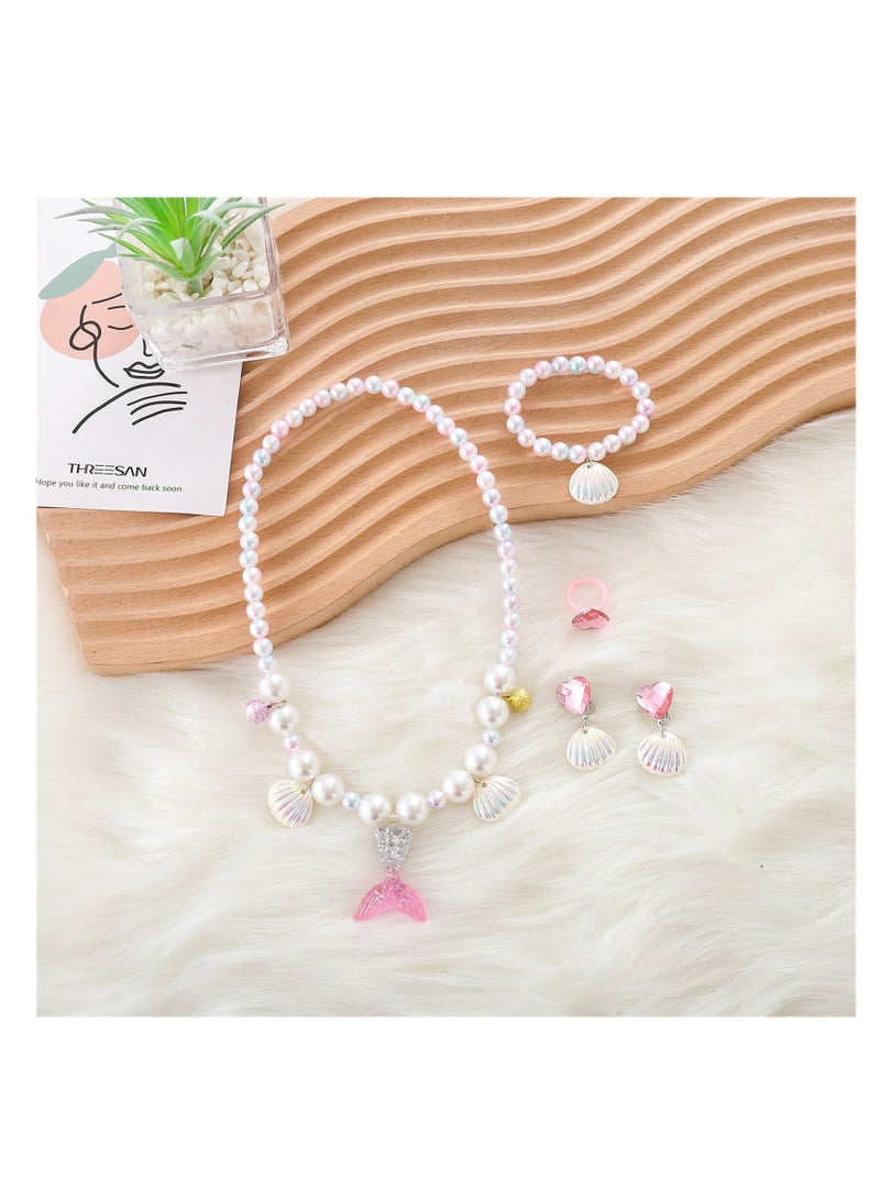 NOVOLAN 5Pcs Jewelry Sets Kids Necklace Mermaid Tail Necklace Earrings Bracelet Girls Pearl Necklace Pendant Necklace Ring Set Girls Baby Accessories Mermaid Pearl Theme 3 Colors (pink) - Image 2