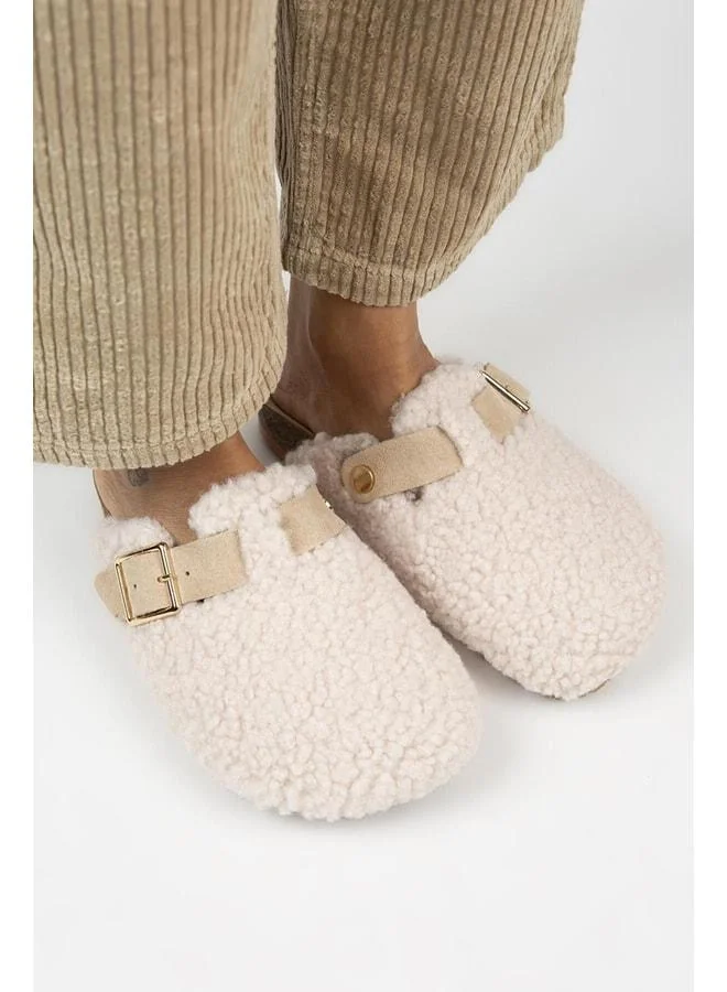 Manijero  Suzen Women's Textile Fur-Lined Genuine Leather Belted Buckle Beige Slippers - Beige for Women | Best Price UAE