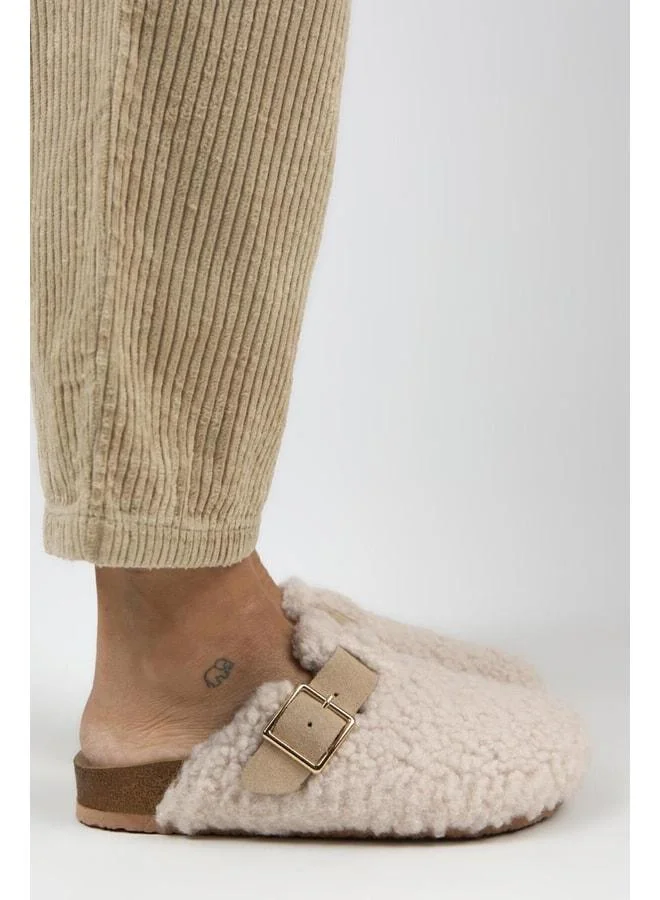 Suzen Women's Textile Fur-Lined Genuine Leather Belted Buckle Beige Slippers - Beige