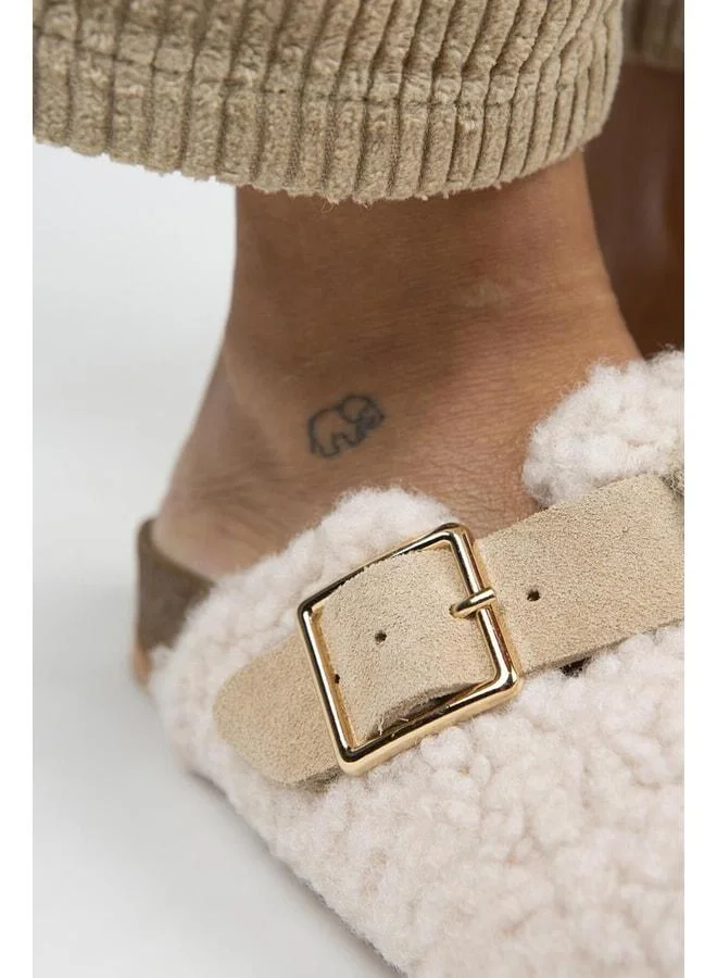 Manijero  Suzen Women's Textile Fur-Lined Genuine Leather Belted Buckle Beige Slippers - Beige for Women | Best Price UAE