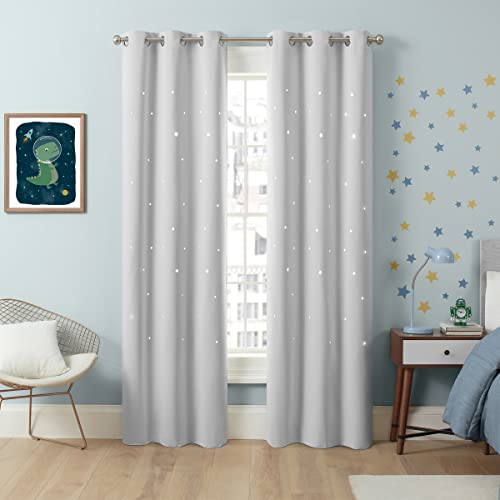 ECLIPSE Dreamer Star Laser Cut Room Darkening Grommet Window Curtains for Bedroom (2 Panels), 34 in x 95 in, Silver White - Image 1