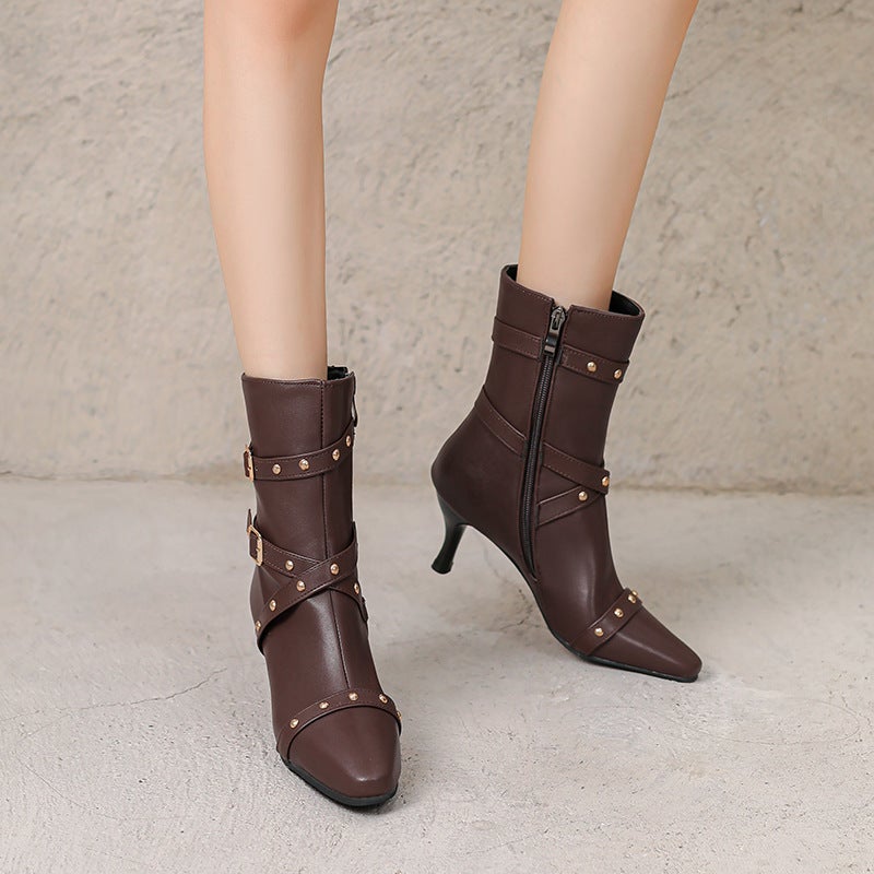 Autumn/Winter 2024 High-Heeled Ankle Boots 32-43 Elegant Pointed Rivet Low Boots - Image 5