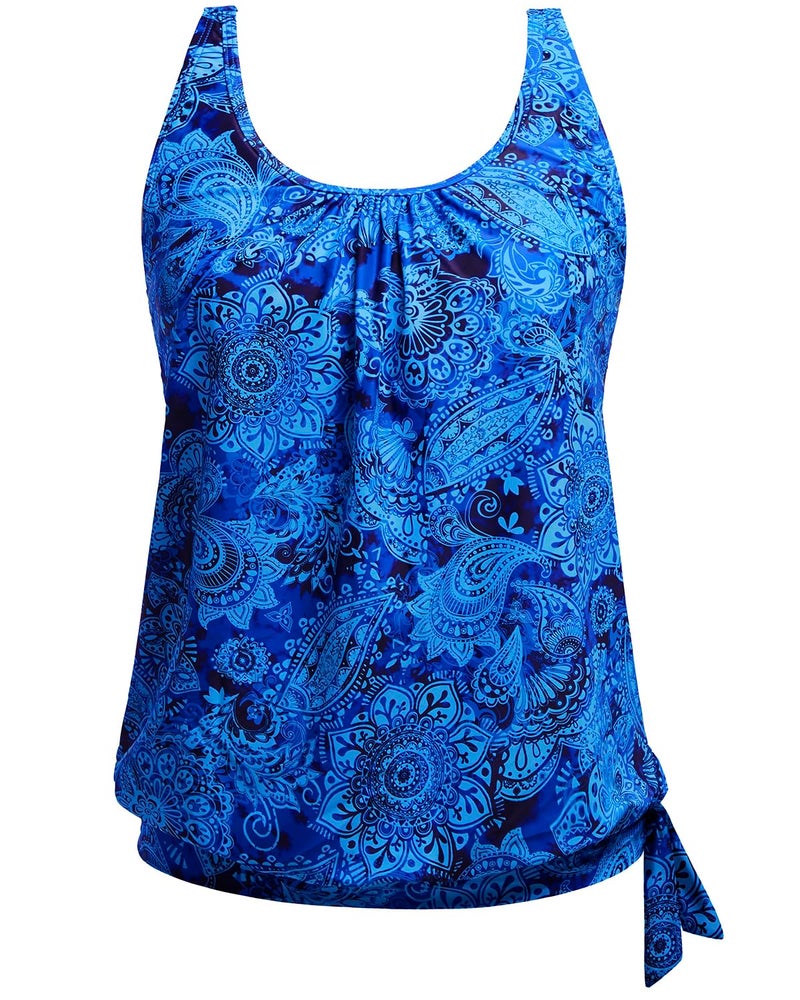 Yonique Womens Blouson Tankini Top Only Loose Fit Swim Top No Bottom Modest Swimsuit Blue Paisley X-Large - Image 1