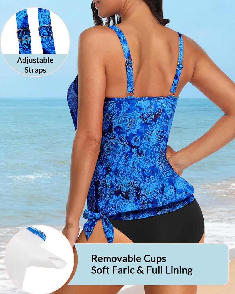 Yonique Womens Blouson Tankini Top Only Loose Fit Swim Top No Bottom Modest Swimsuit Blue Paisley X-Large - Image 4