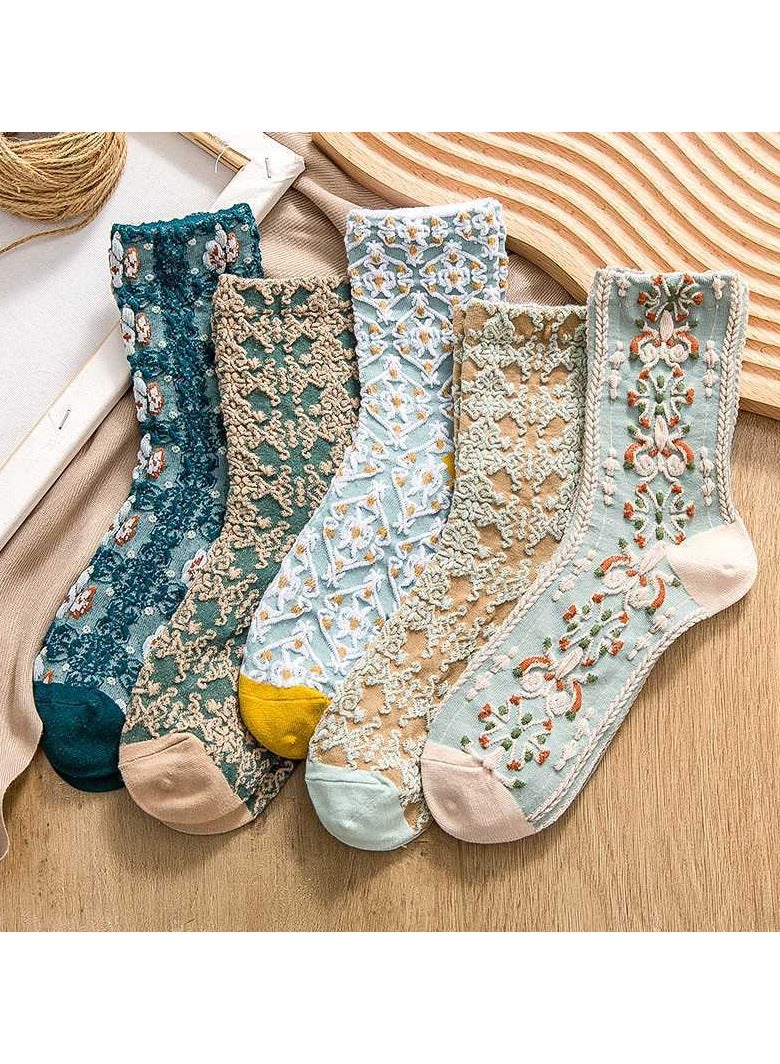 Socks women's retro palace style 3D three-dimensional embossed floral national tide socks new women's socks personality socks 5 packs - Image 1