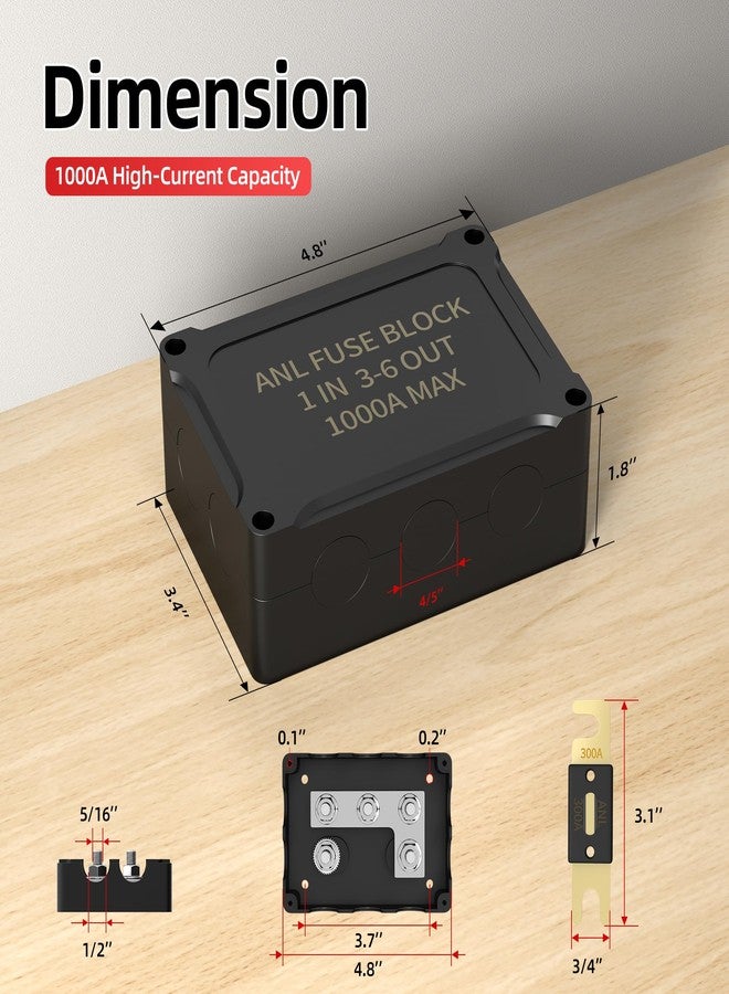 DaierTek ANL Fuse Holder M8 Stud Terminals Max 1000A Marine ANL Fuse Block 1 In 3-6 Out ANL Fuse Block with 200A 400A 600A 800A ANL FUSE for Automotive Car Truck Boat - Image 2
