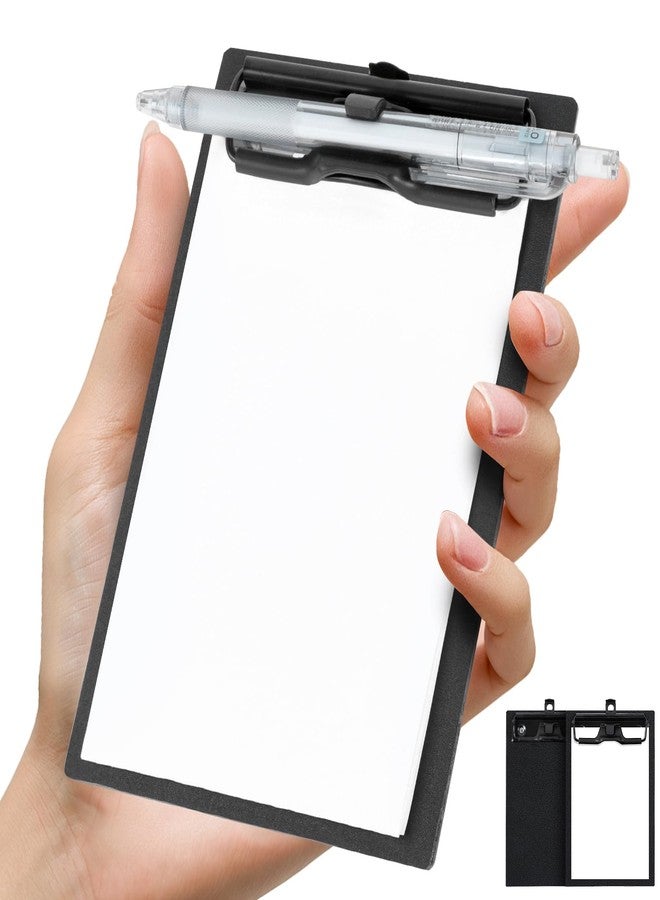 FRETONBA Mini Clipboard 4x6 Inch with Pen Holder, 2 Pack Small Clipboards with Low Profile Clip & Hanging Loop, A6 Portable Pocket Clipboards Memo Size Notepad for Restaurant, Office, School (Black) - Image 1