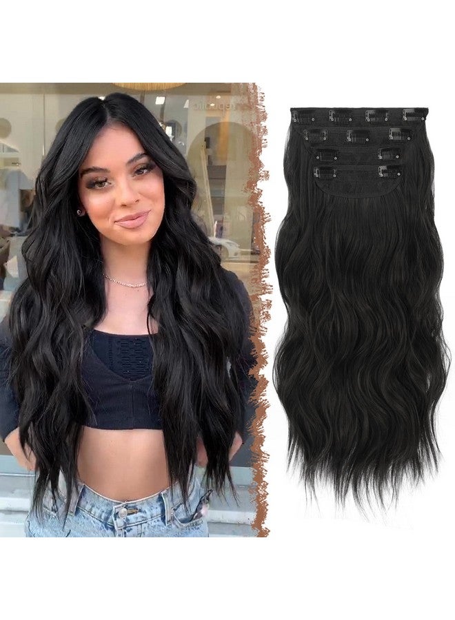 فيشبن وصلات شعر بمشبك 4 قطع، قطعة شعر سميكة سوداء طبيعية طويلة ومموجة، وصلات شعر برأس كامل من الألياف الاصطناعية للنساء، 20 بوصة 180 جرام - Image 1
